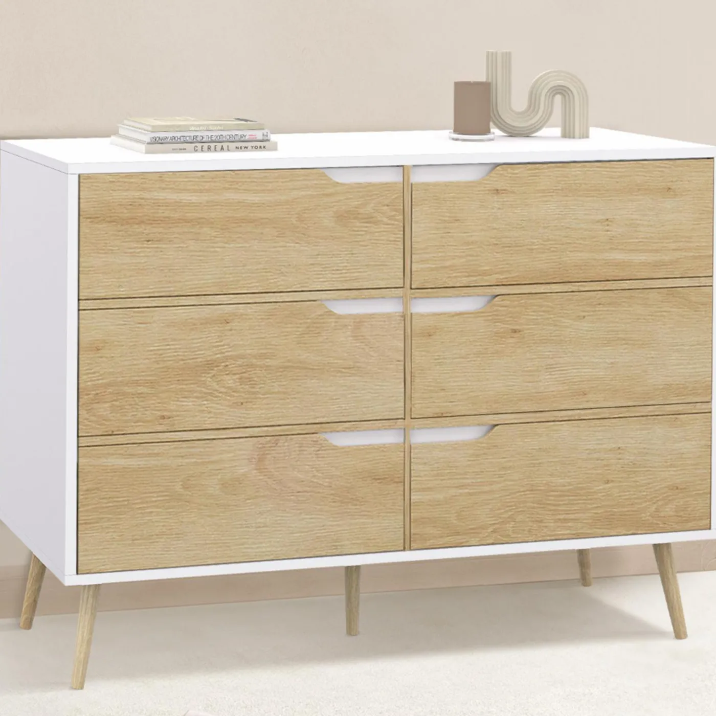 Commode scandinave blanche effet hêtre