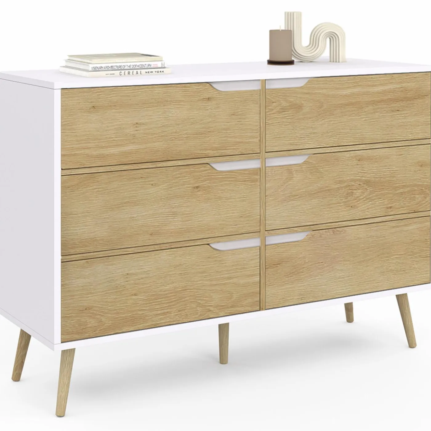 Commode scandinave blanche effet hêtre