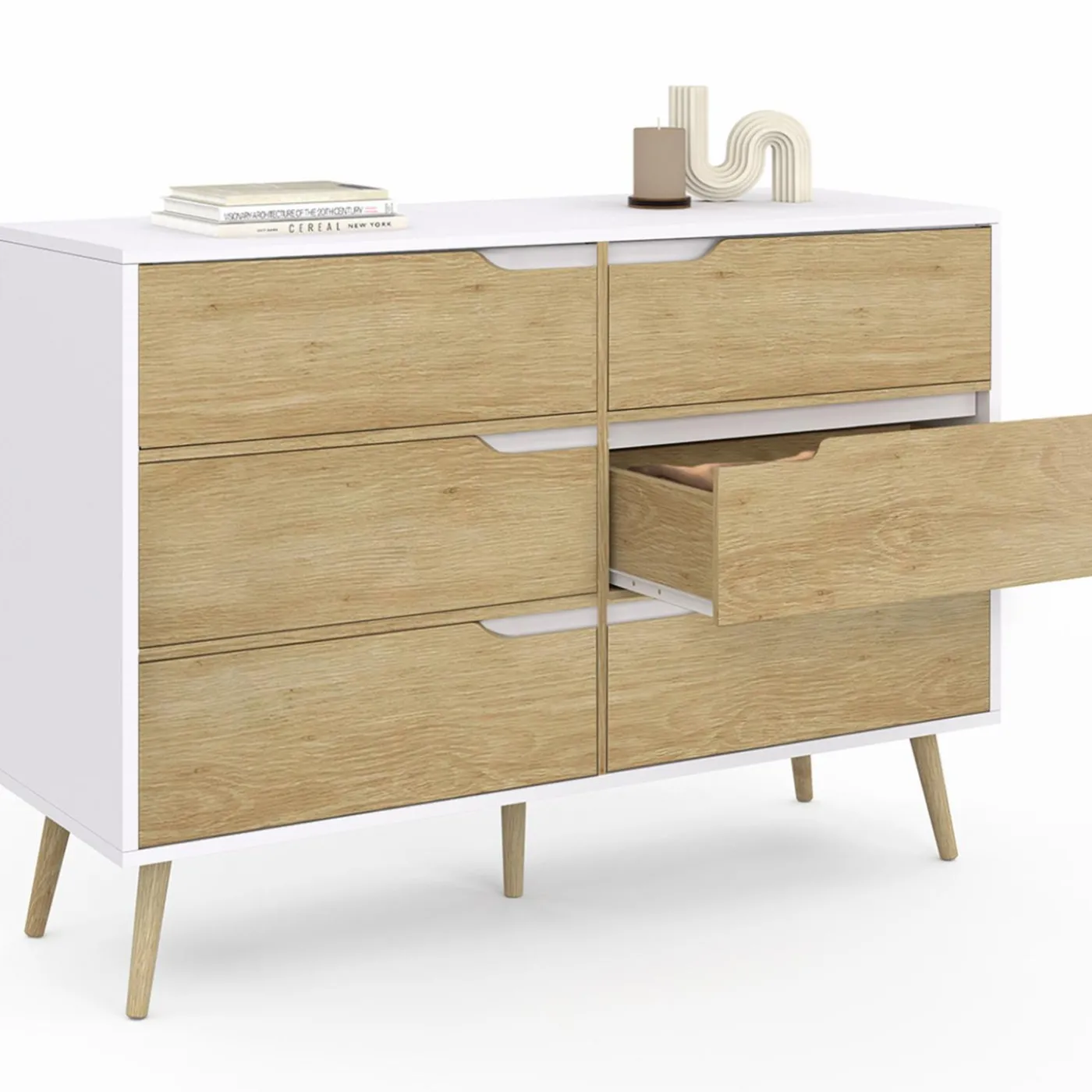 Commode scandinave blanche effet hêtre