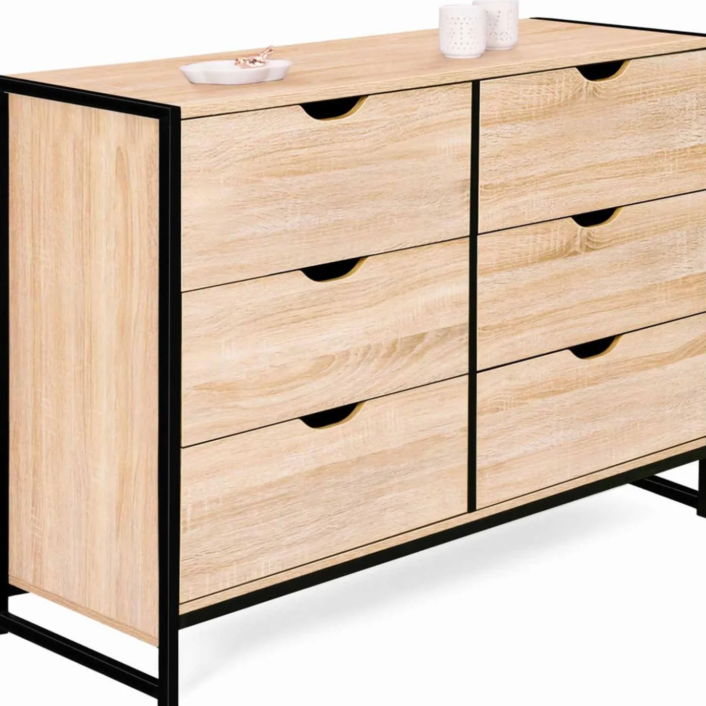Commode style industriel 6 tiroirs bois et métal noir