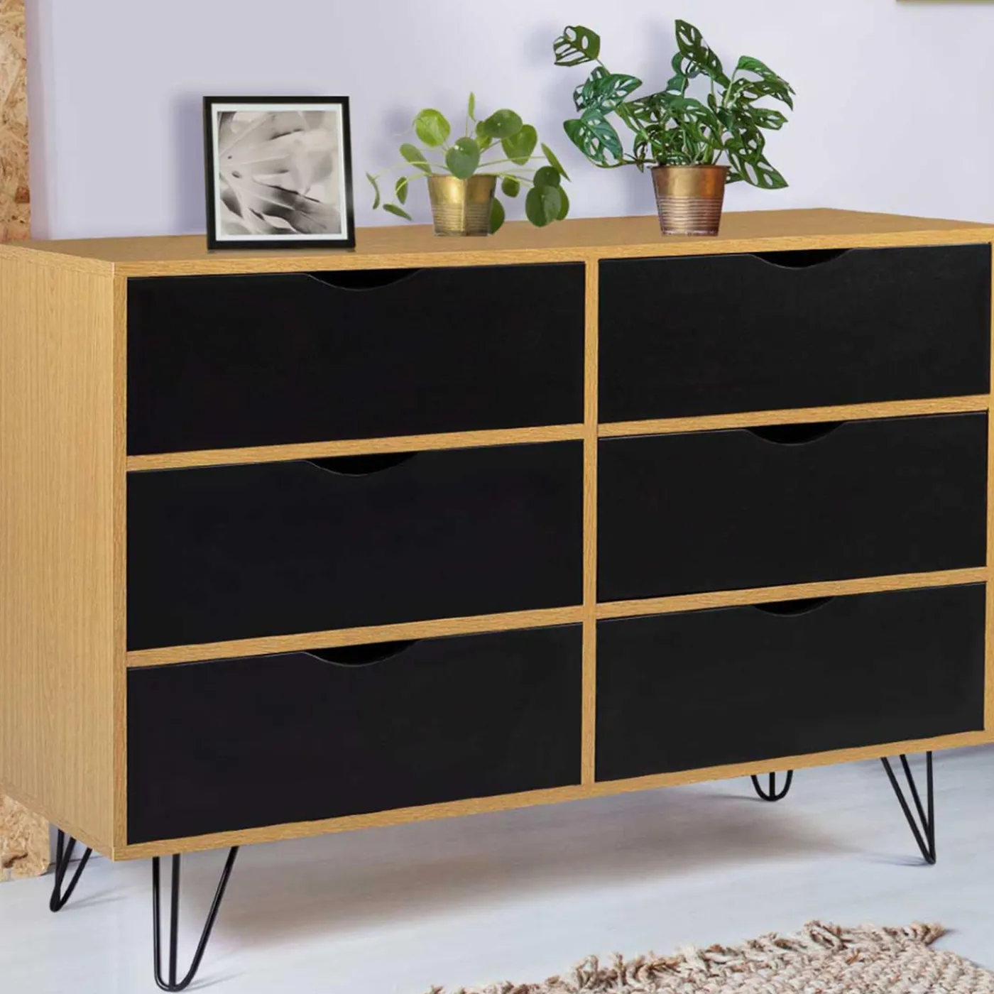 Commode vintage 6 tiroirs bois et noir