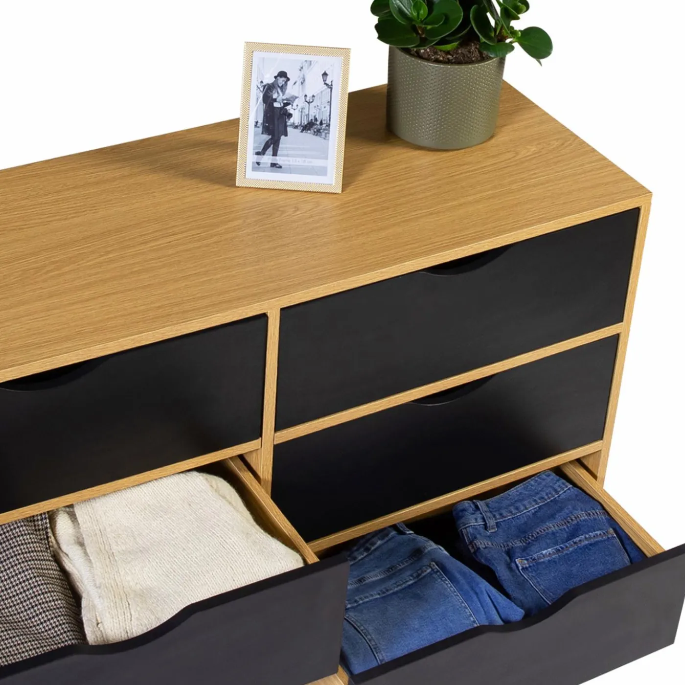 Commode vintage 6 tiroirs bois et noir