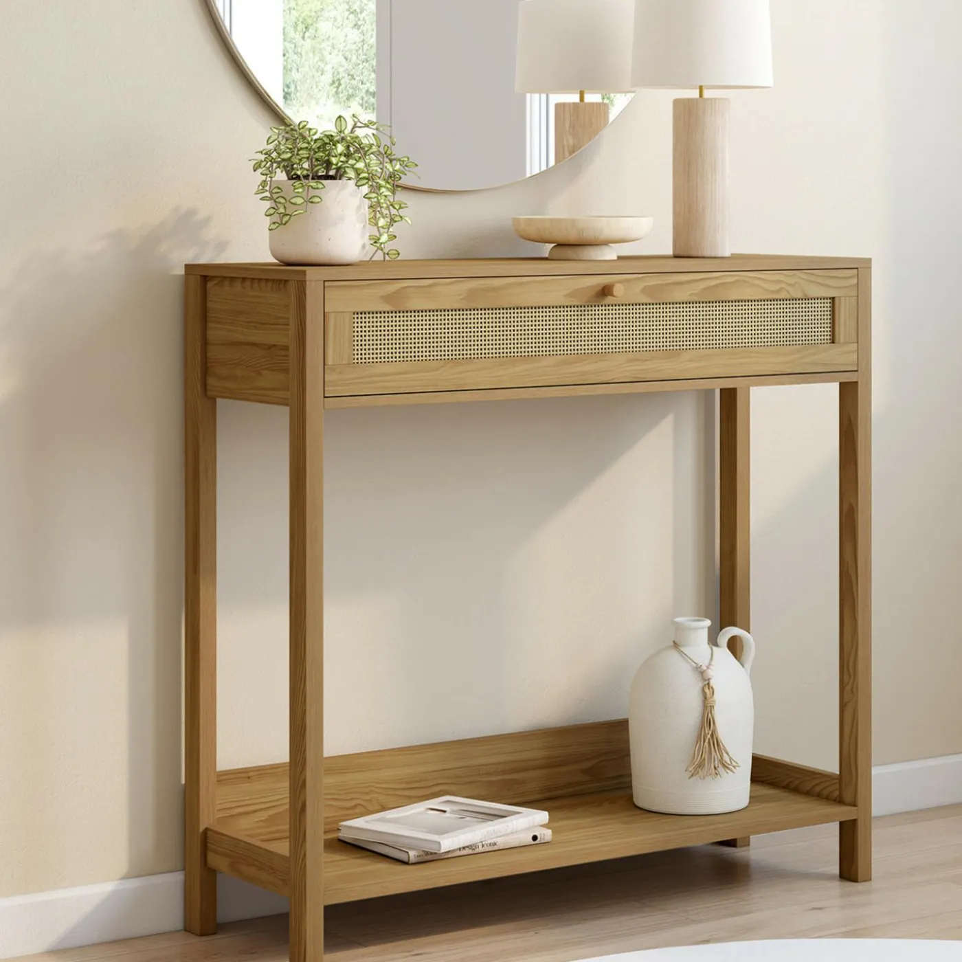 Console 1 tiroir effet naturel cannage