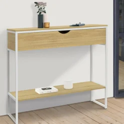 Console 1 tiroir et 1 étagère design industriel bois et métal blanc