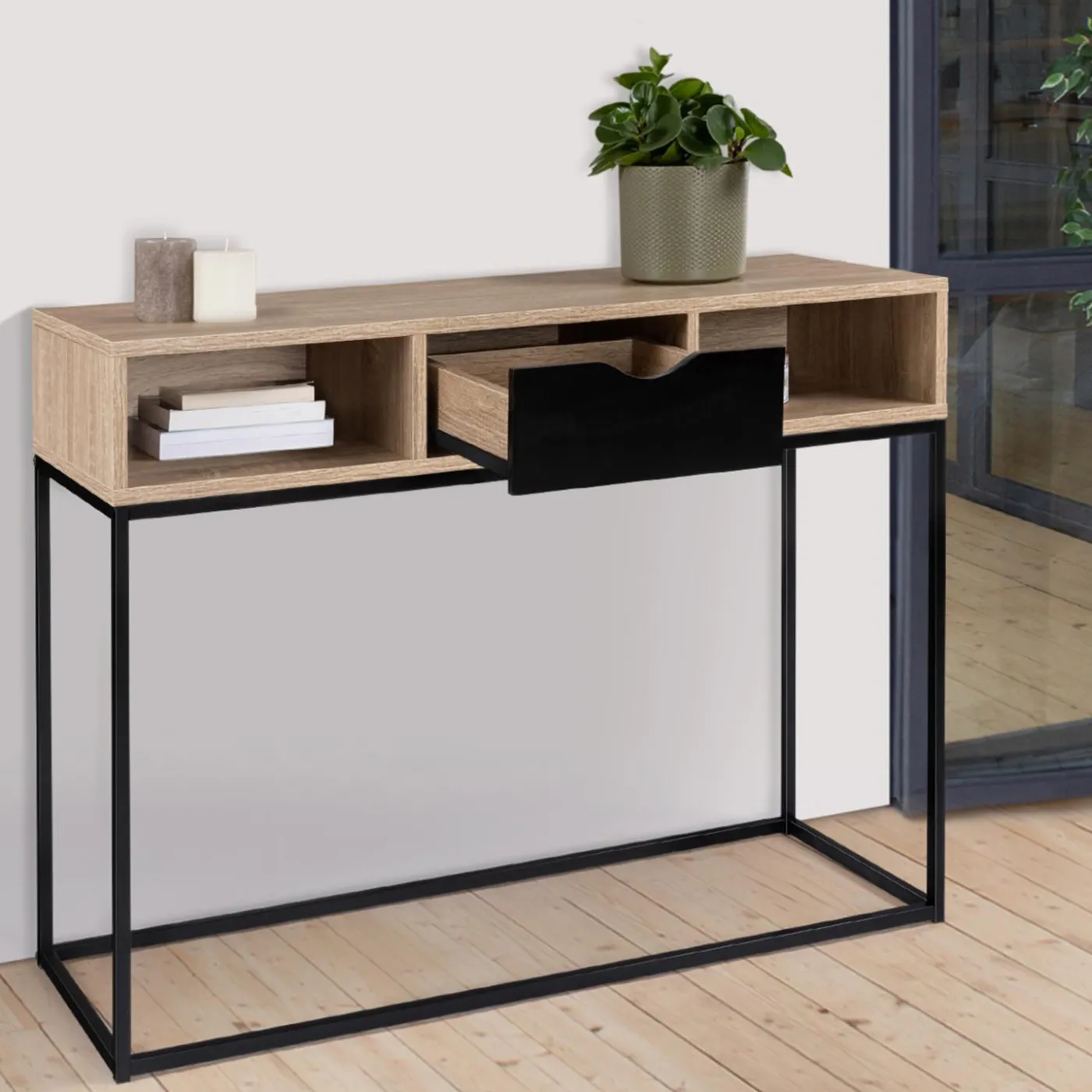 Console 1 tiroir noir avec rangements design industriel