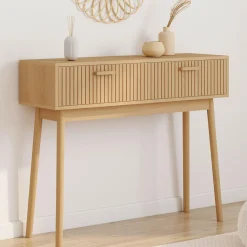 Console 2 tiroirs JULIETTE lattes tasseau bois coloris chêne