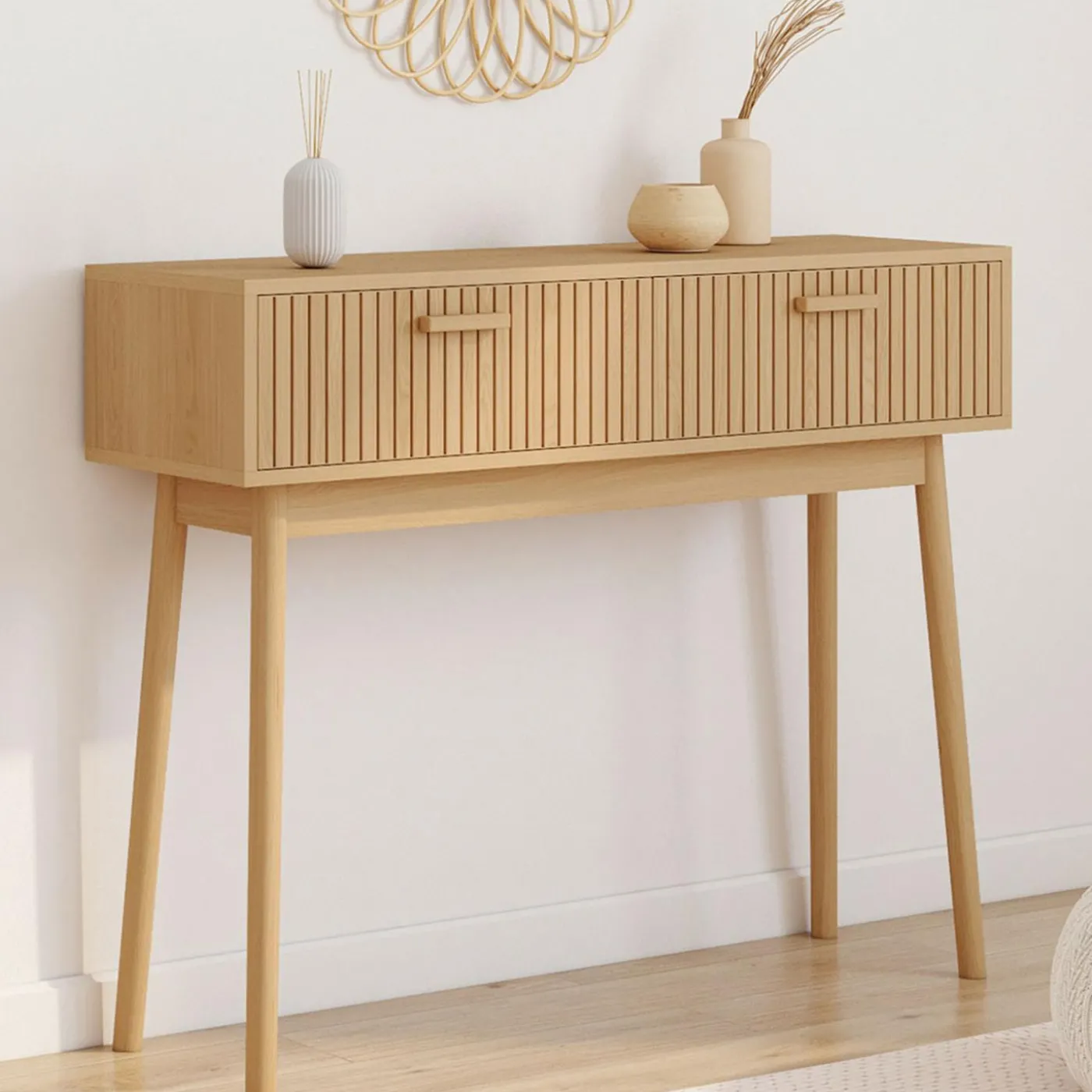 Console 2 tiroirs JULIETTE lattes tasseau bois coloris chêne