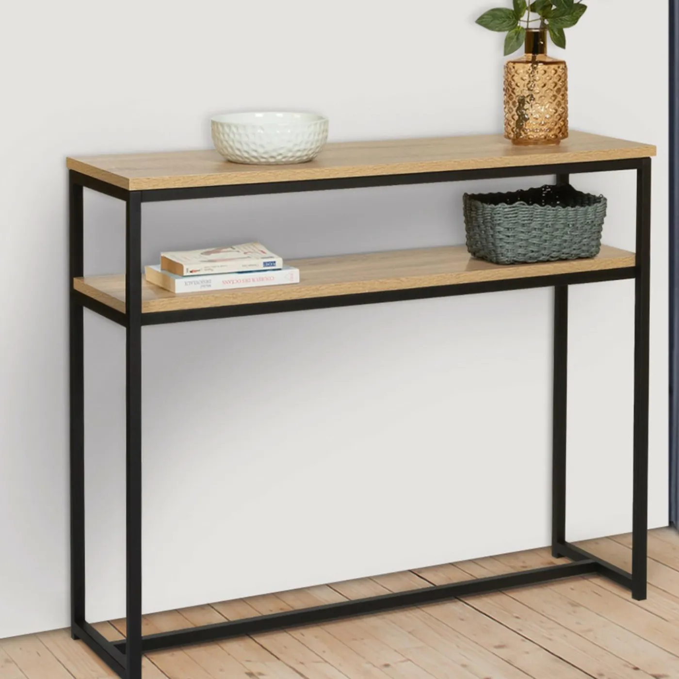 Console bois et métal double plateau 100 cm
