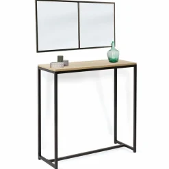 Console bois et métal noir avec miroir 2 bandes design industriel
