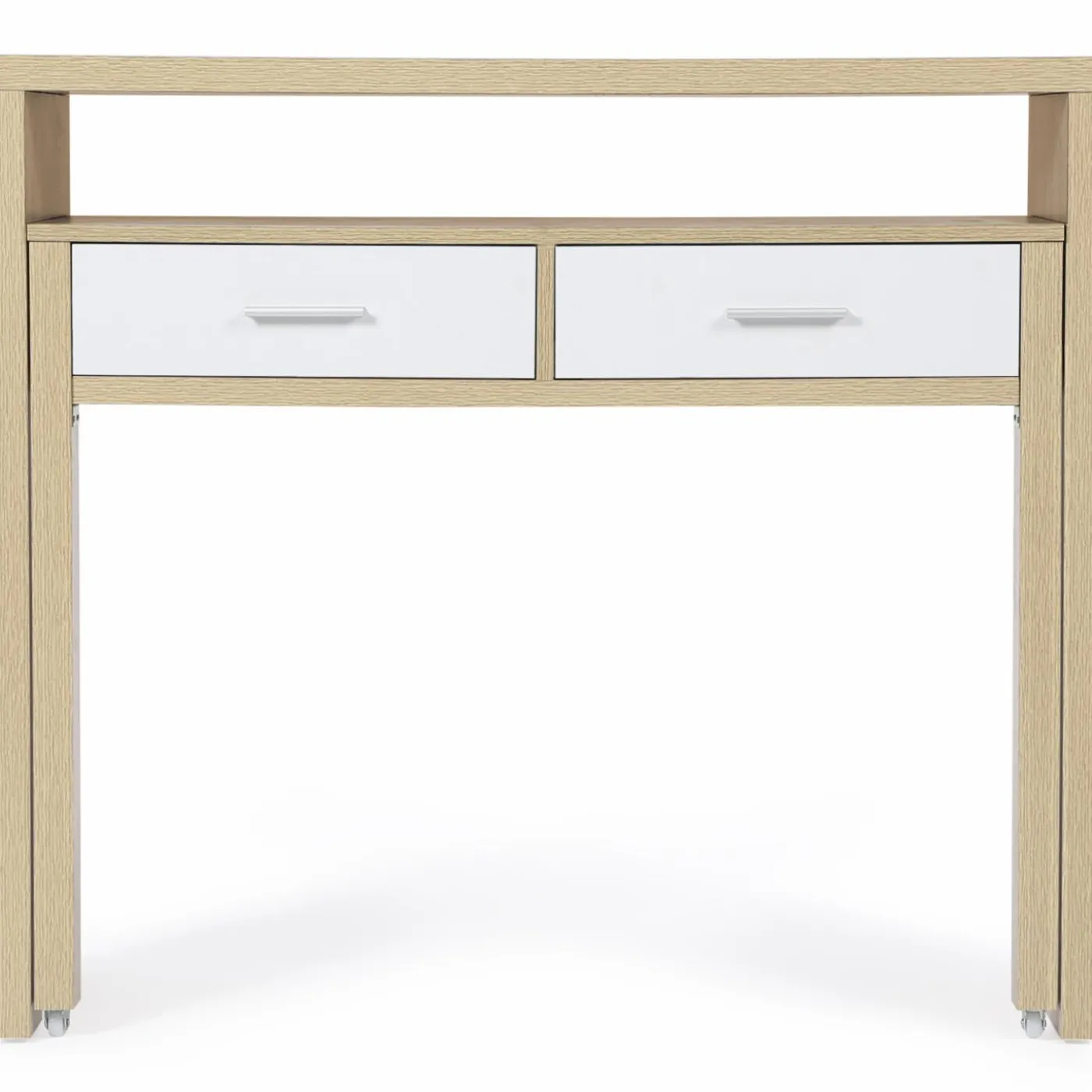 Console bureau extensible blanc et imitation hêtre
