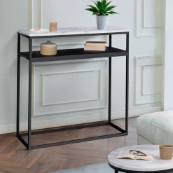 Console imitation marbre et bois noir pied métal