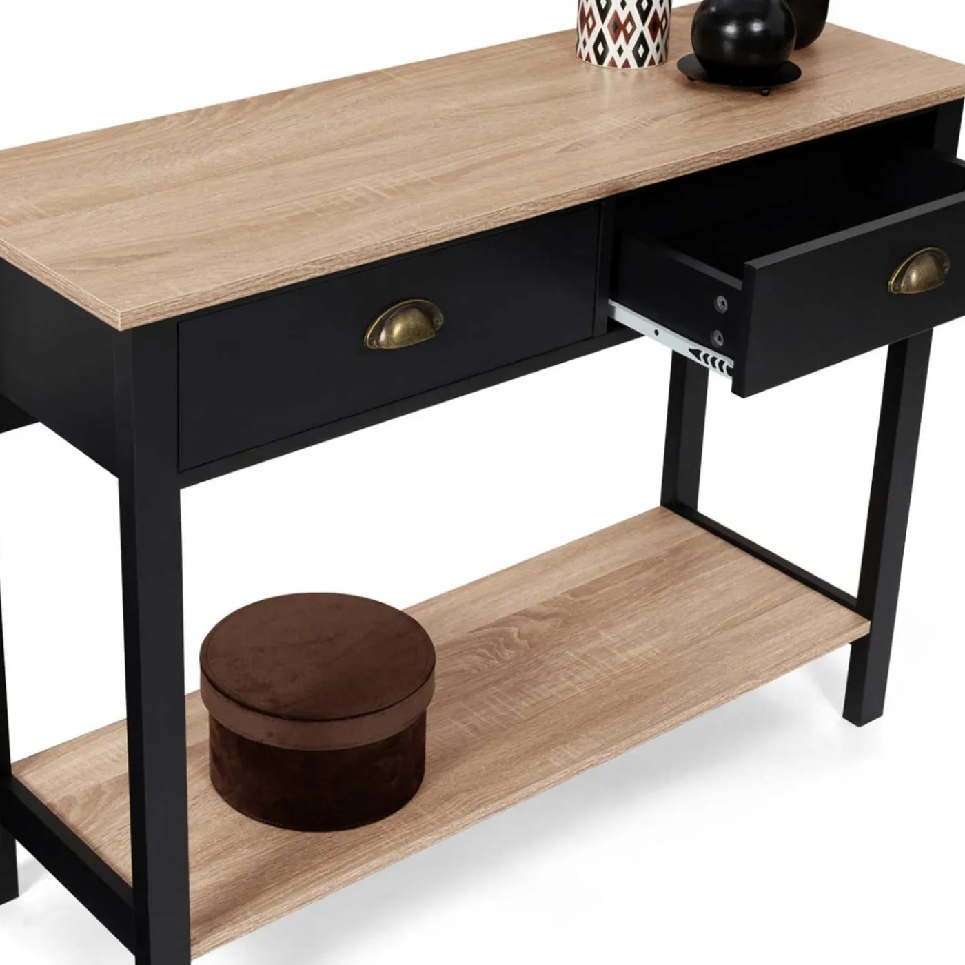 Console style campagne chic 2 tiroirs bois et noir