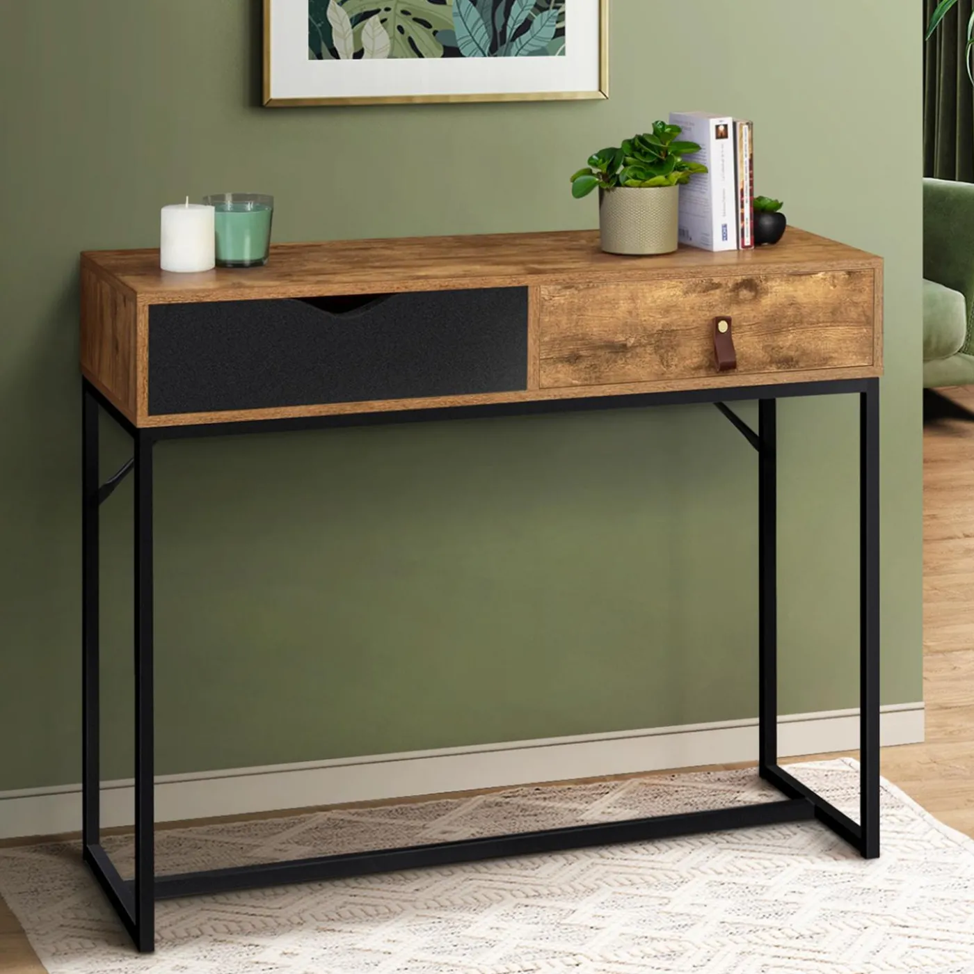 Console style industriel bois et métal 2 tiroirs