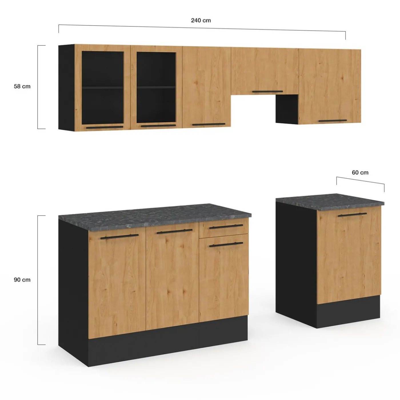 Cuisine complète 240 cm 7 éléments bois avec vitrine et plan de travail noir