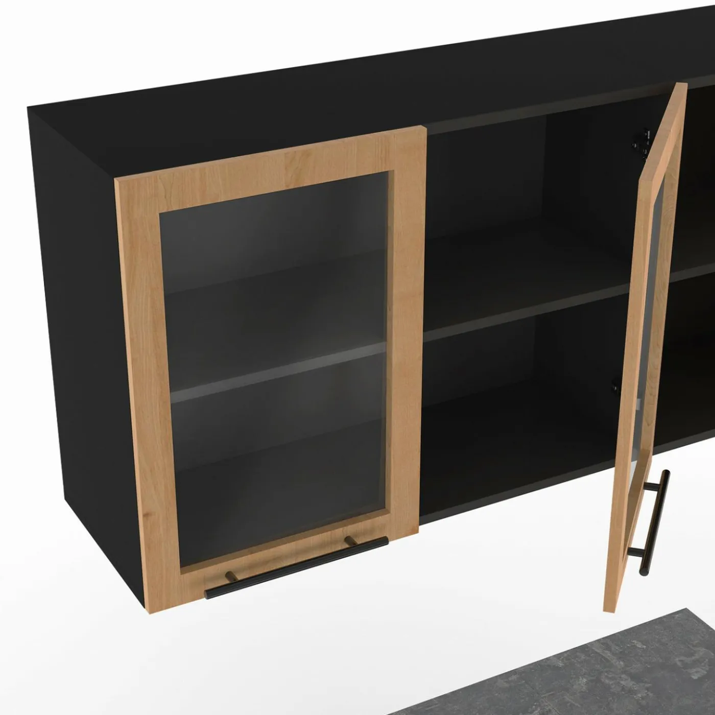 Cuisine complète 240 cm 7 éléments bois avec vitrine et plan de travail noir