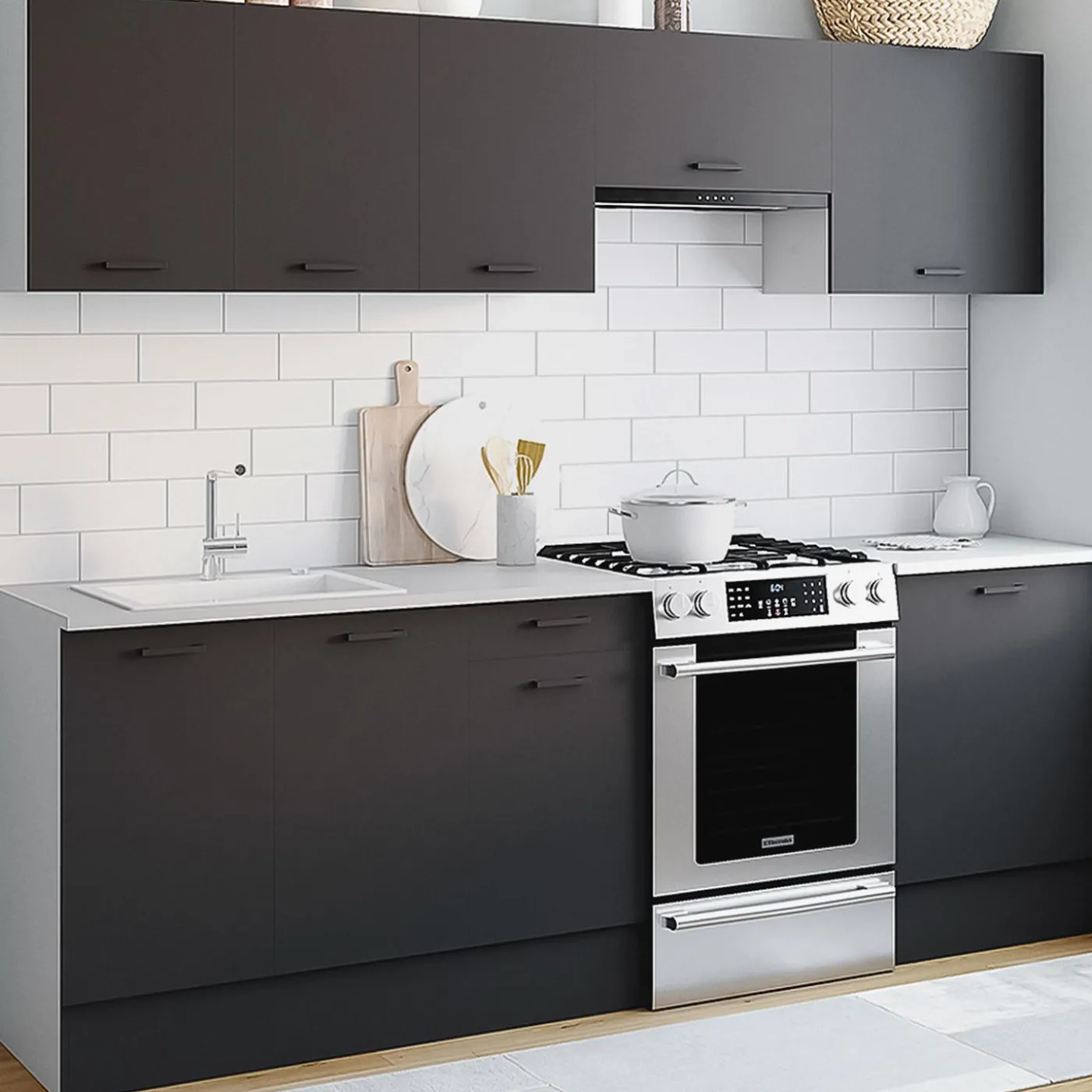 Cuisine complète 240 cm avec plan de travail blanc et gris