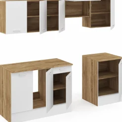 Cuisine complète 240 cm avec plan de travail bois et blanc