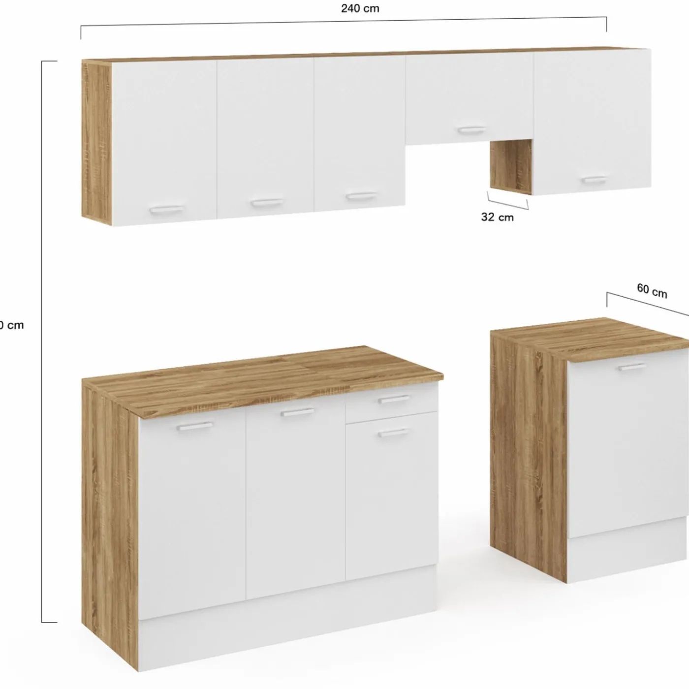 Cuisine complète 240 cm avec plan de travail bois et blanc
