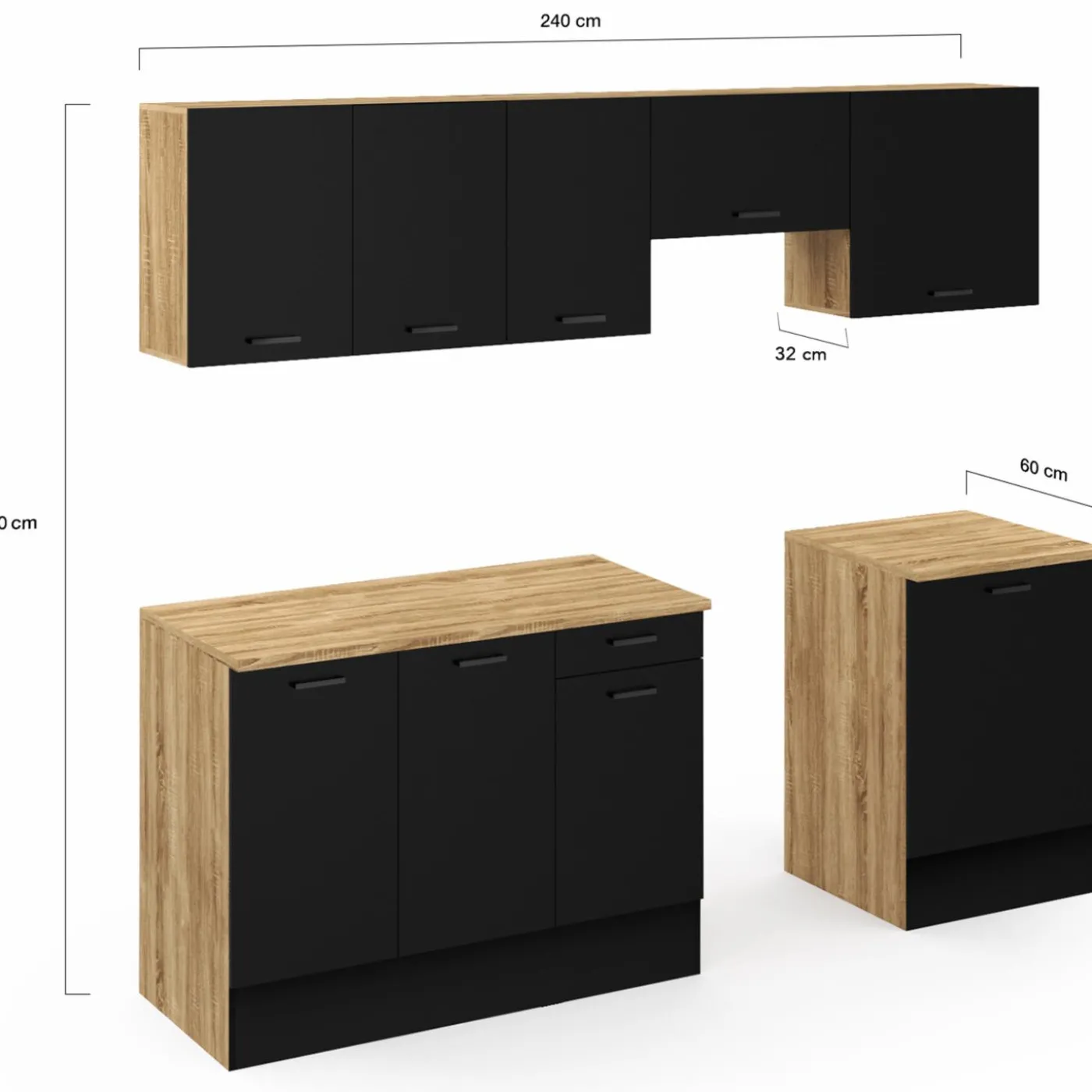 Cuisine complète 240 cm avec plan de travail bois et noir