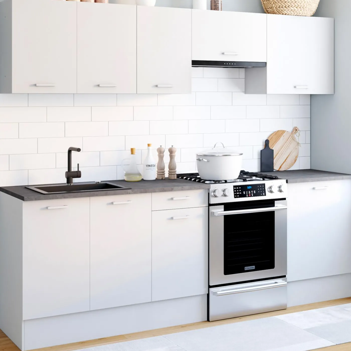 Cuisine complète 240 cm avec plan de travail bois blanc et plateaux effet béton