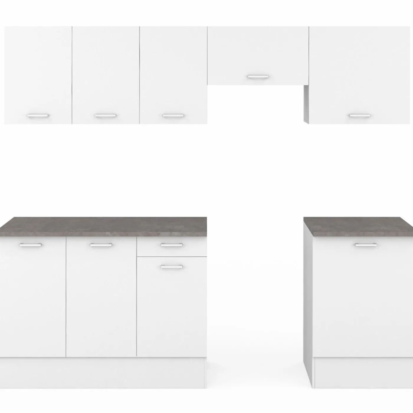 Cuisine complète 240 cm avec plan de travail bois blanc et plateaux effet béton