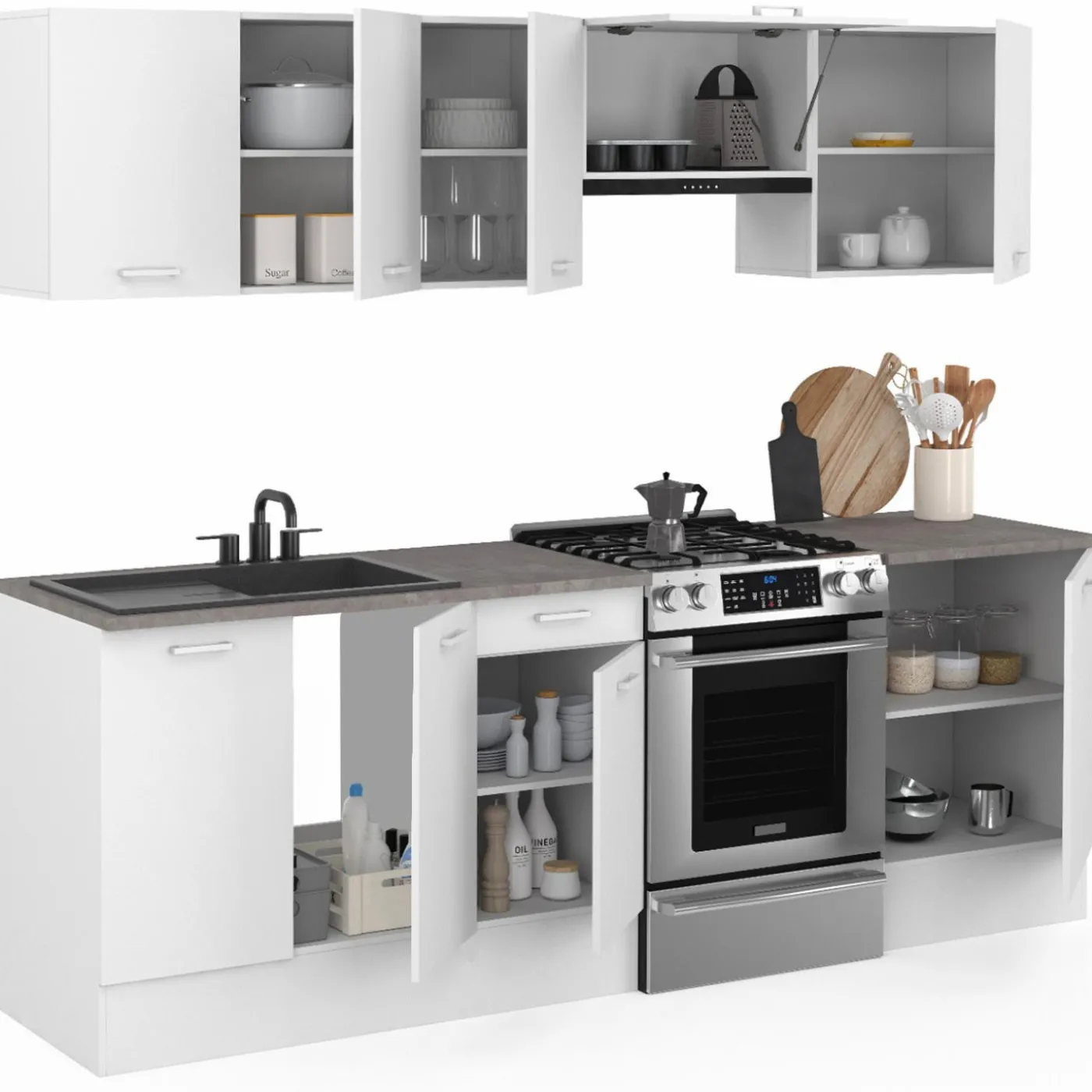 Cuisine complète 240 cm avec plan de travail bois blanc et plateaux effet béton