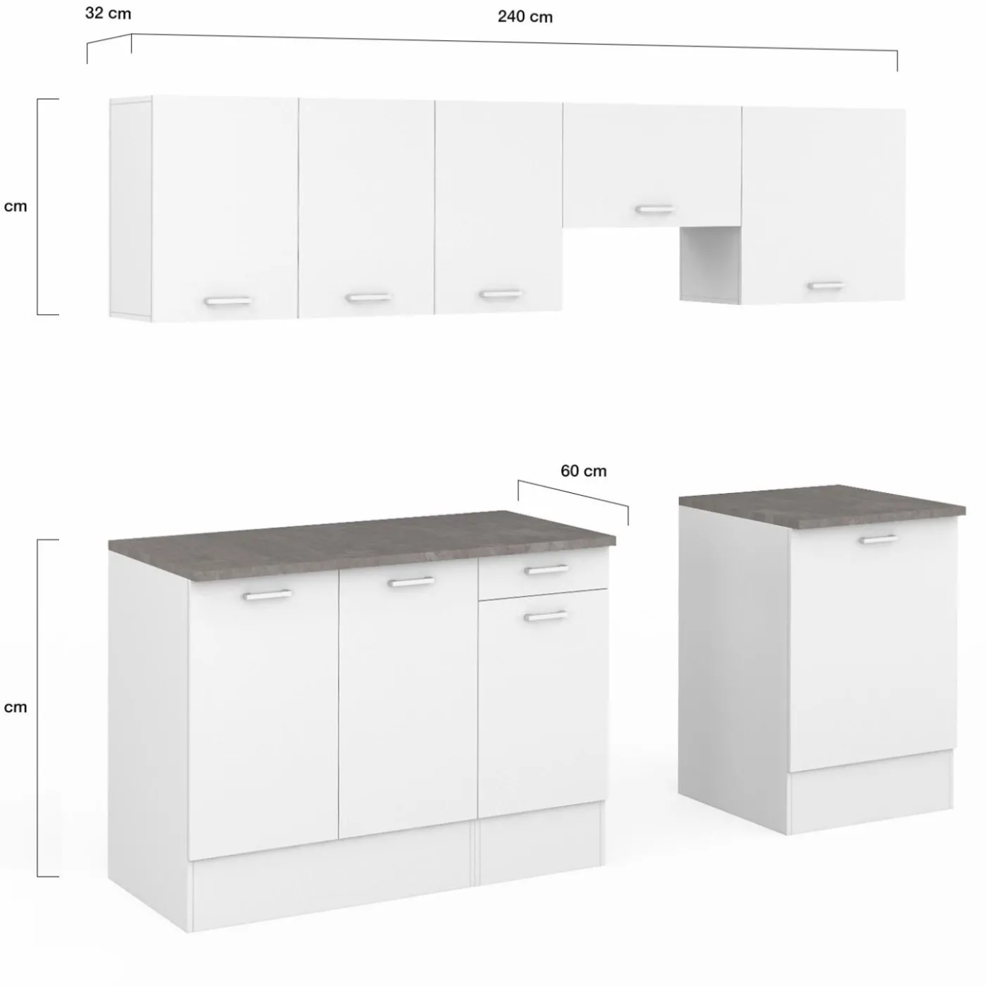 Cuisine complète 240 cm avec plan de travail bois blanc et plateaux effet béton