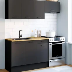 Cuisine complète 180 cm avec plan de travail bois et noir