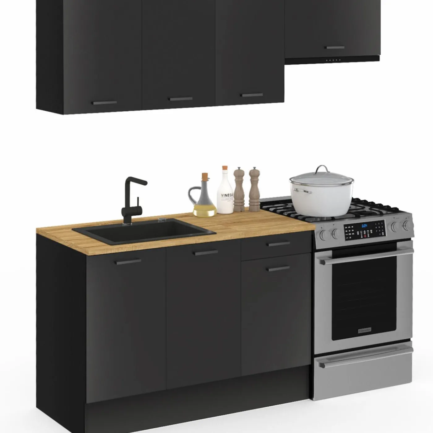 Cuisine complète 180 cm avec plan de travail bois et noir