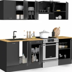 Cuisine complète 240 cm avec plan de travail bois et noir