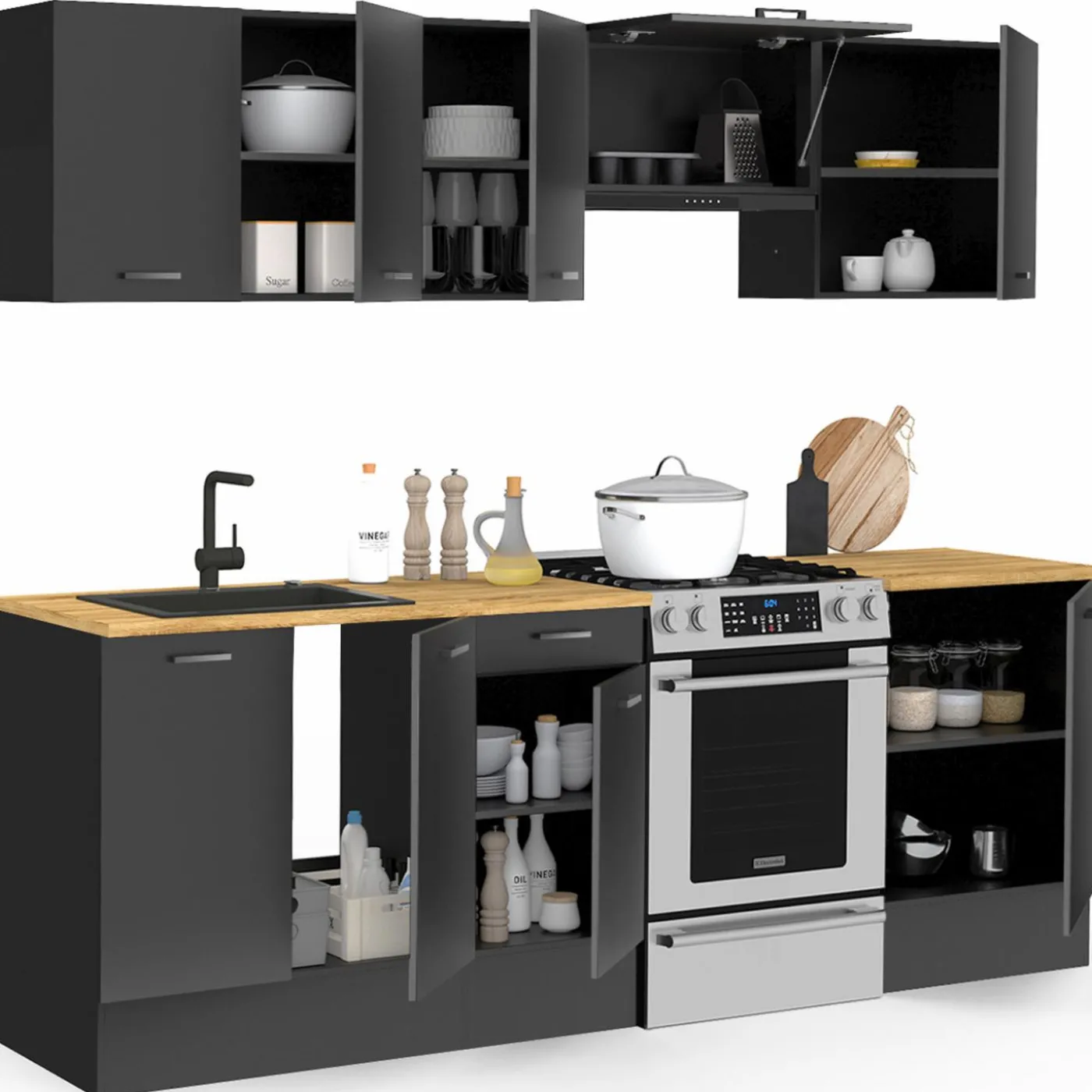 Cuisine complète 240 cm avec plan de travail bois et noir