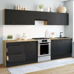 Cuisine complète bois et noir avec casserolier et plan de travail 9 éléments