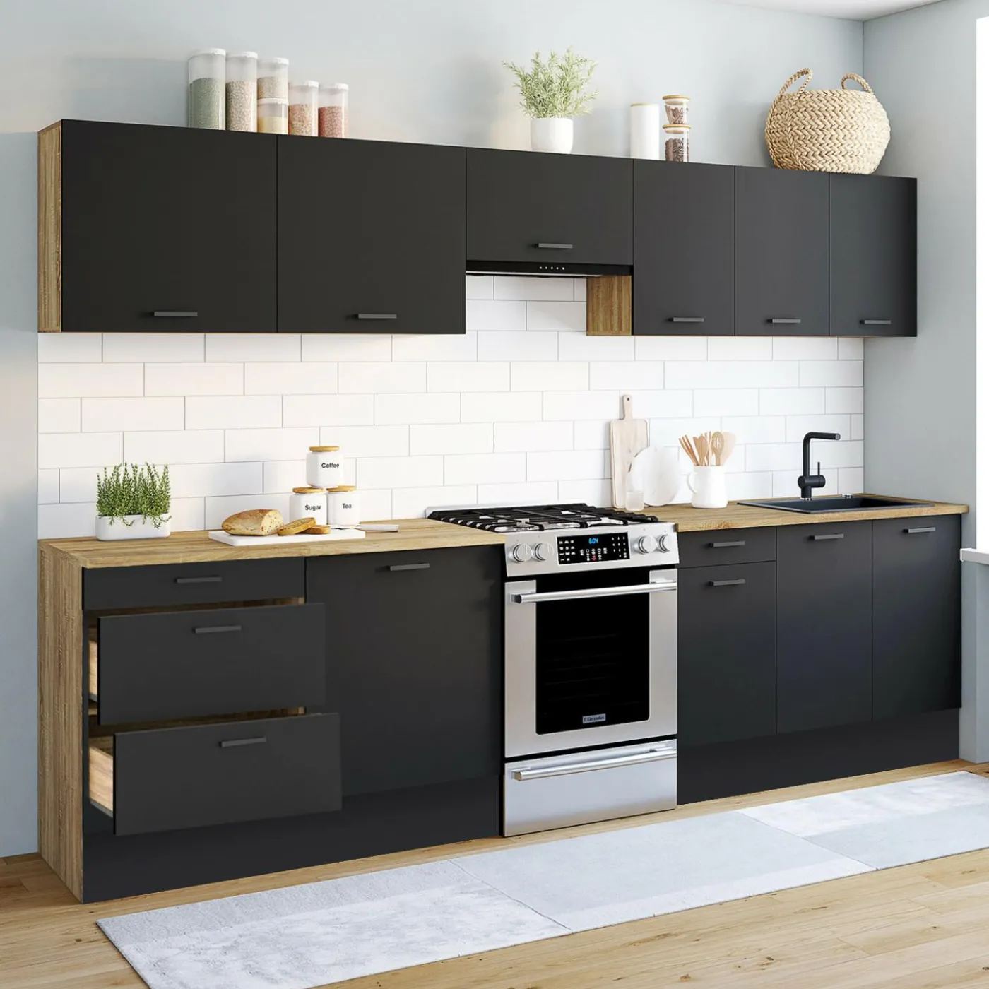 Cuisine complète bois et noir avec casserolier et plan de travail 9 éléments