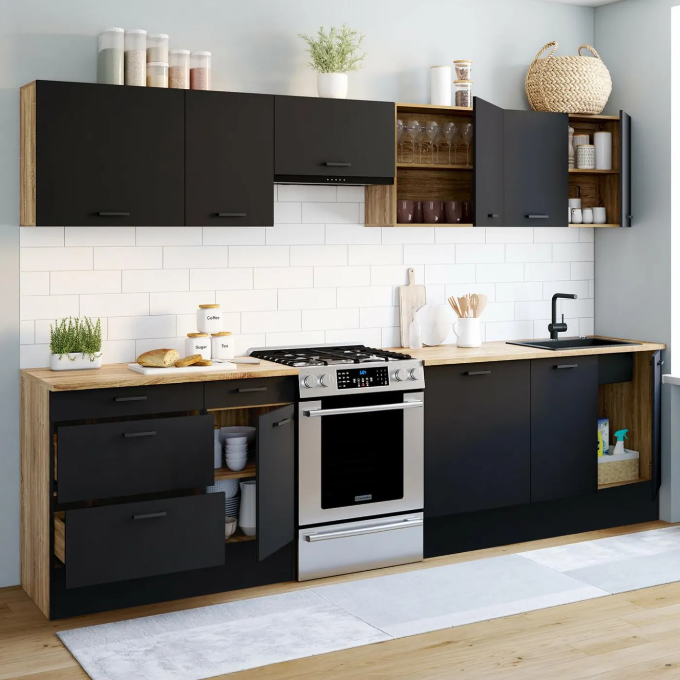 Cuisine complète bois et noir avec casserolier et plan de travail 9 éléments