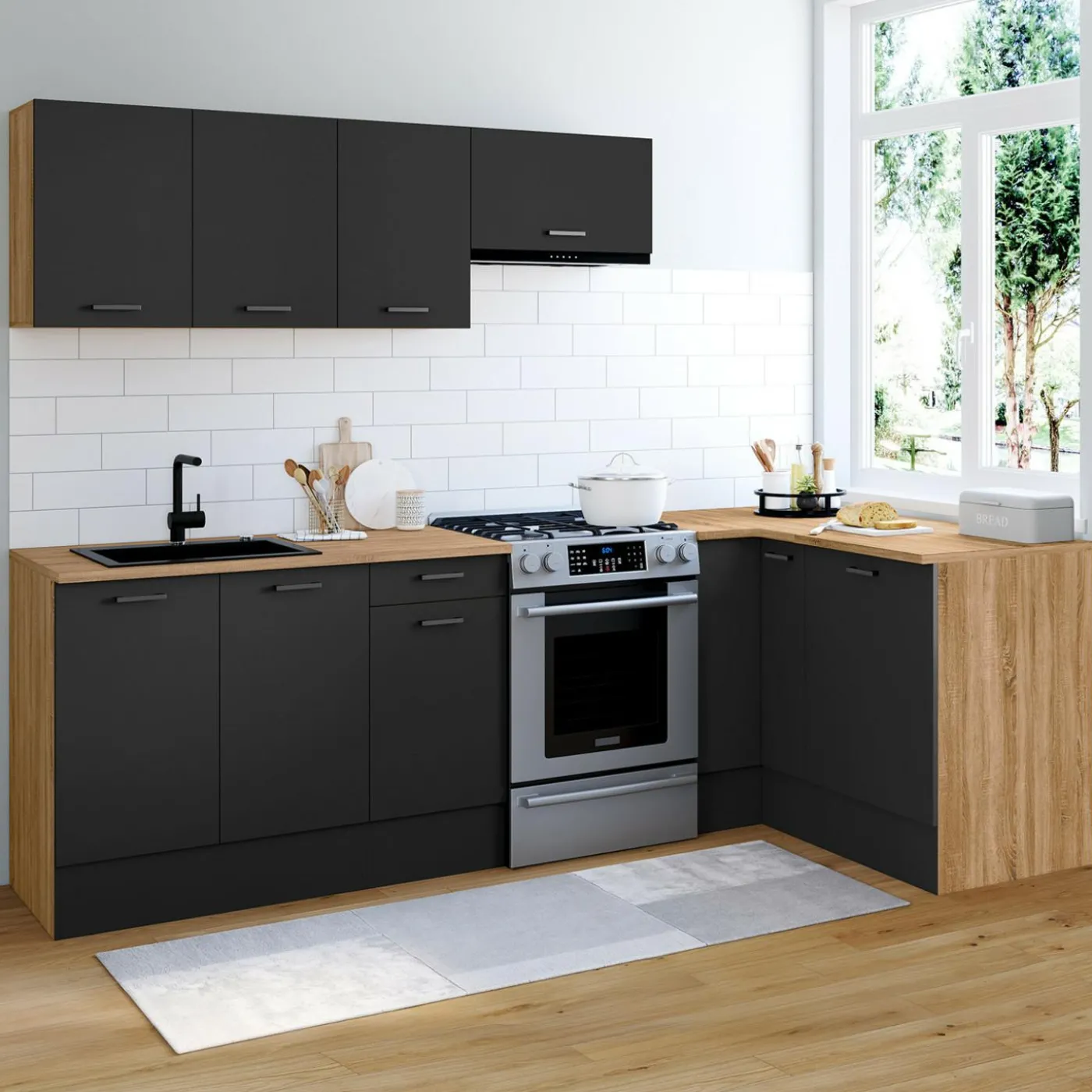 Cuisine d'angle complète bois et noir 400 cm 7 éléments