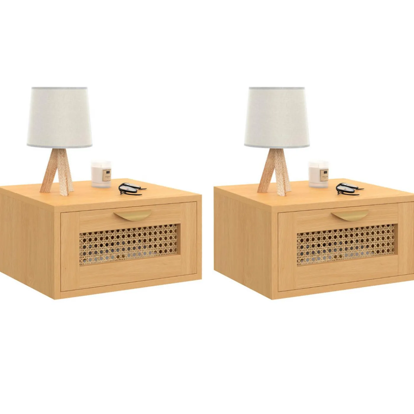 de 2 tables de chevet murables 1 tiroir étagère suspendue cannage et bois