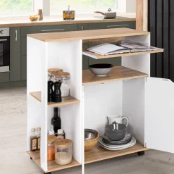 Desserte à roulettes bois blanc et plateaux façon hêtre 76 cm
