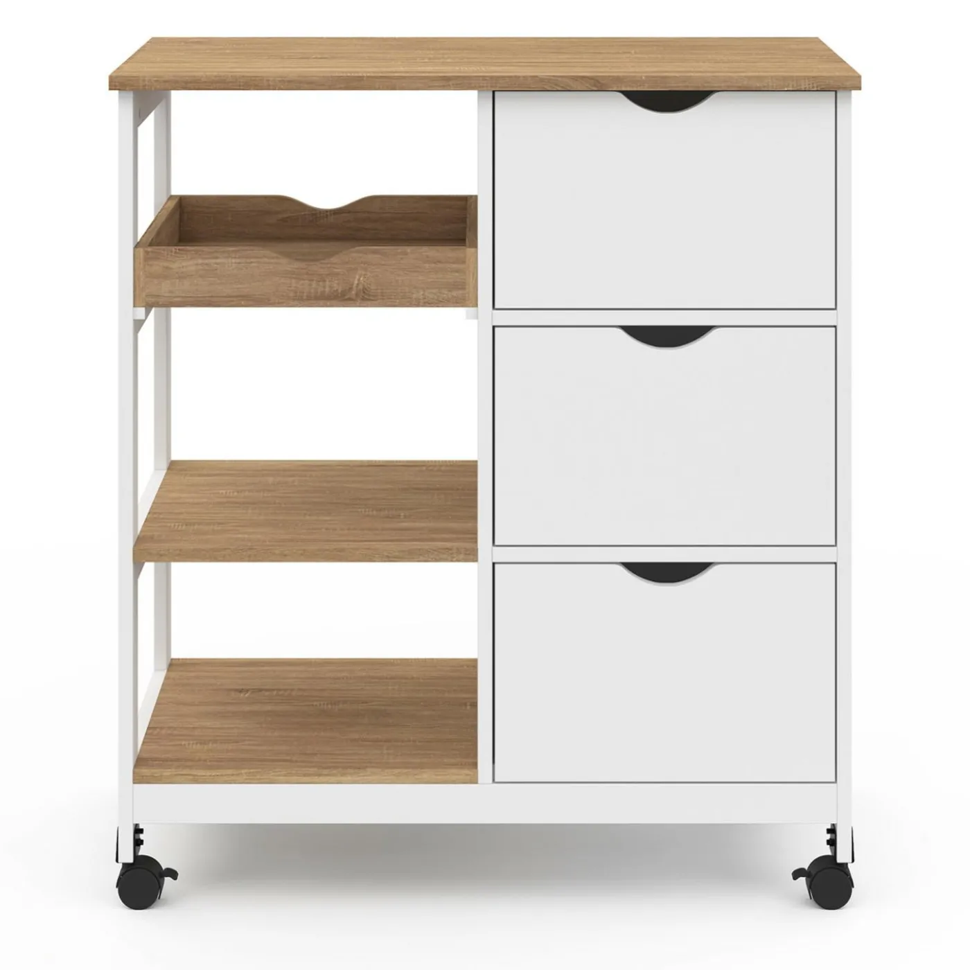 Desserte de cuisine 3 paniers + 1 plateau amovibe blanc et effet hêtre L 76 cm