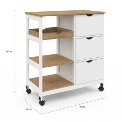 Desserte de cuisine 3 paniers + 1 plateau amovibe blanc et effet hêtre L 76 cm
