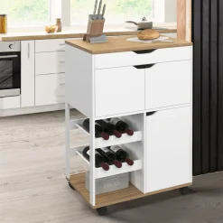 Desserte de cuisine à roulettes avec rangements et range-bouteilles bois blanc