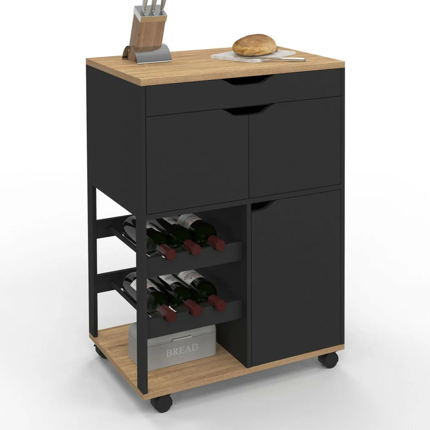 Desserte de cuisine avec placards et range-bouteilles bois et noir