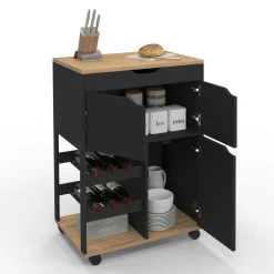 Desserte de cuisine avec placards et range-bouteilles bois et noir