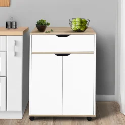 Desserte de cuisine bois blanc avec 1 grand placard + 1 tiroir