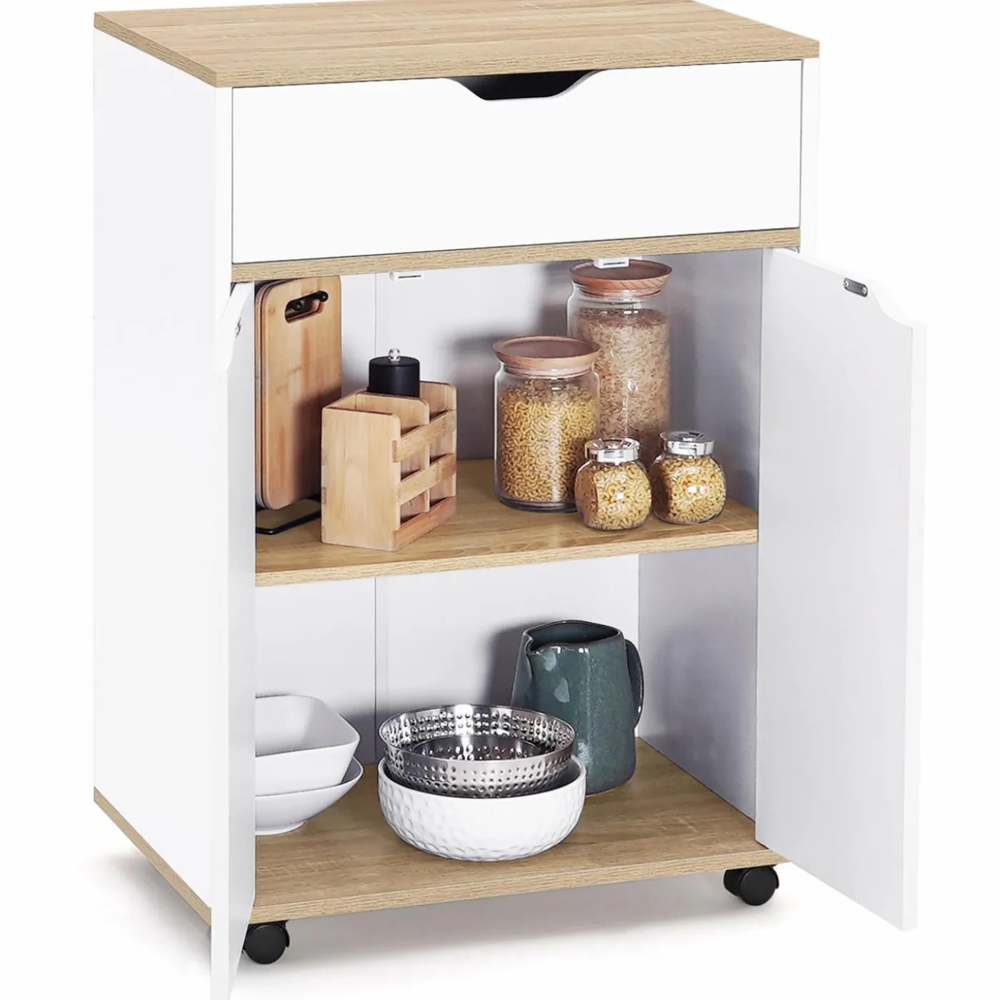Desserte de cuisine bois blanc avec 1 grand placard + 1 tiroir