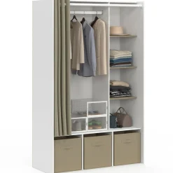 Dressing blanc avec penderie rideau taupe + étagères + boites de rangement