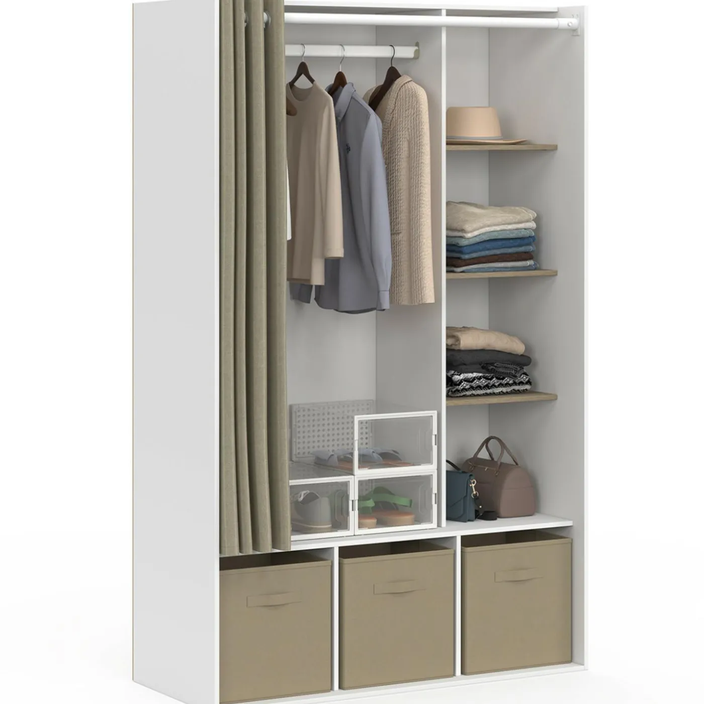 Dressing blanc avec penderie rideau taupe + étagères + boites de rangement