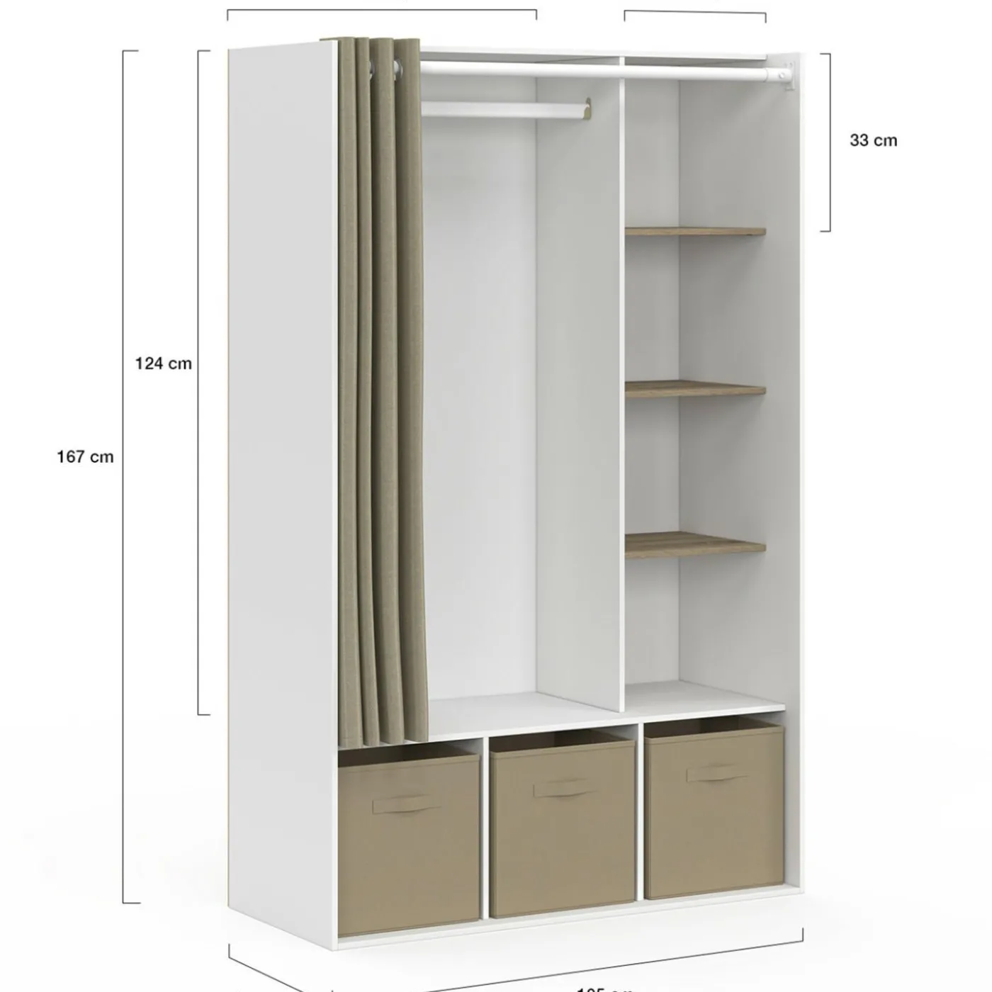 Dressing blanc avec penderie rideau taupe + étagères + boites de rangement
