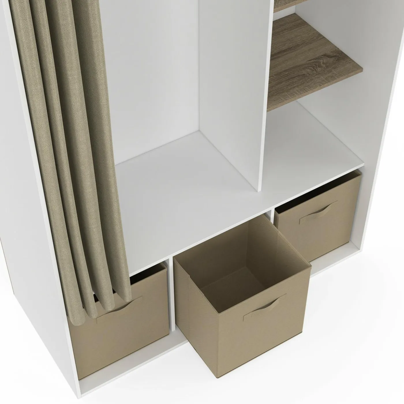 Dressing blanc avec penderie rideau taupe + étagères + boites de rangement