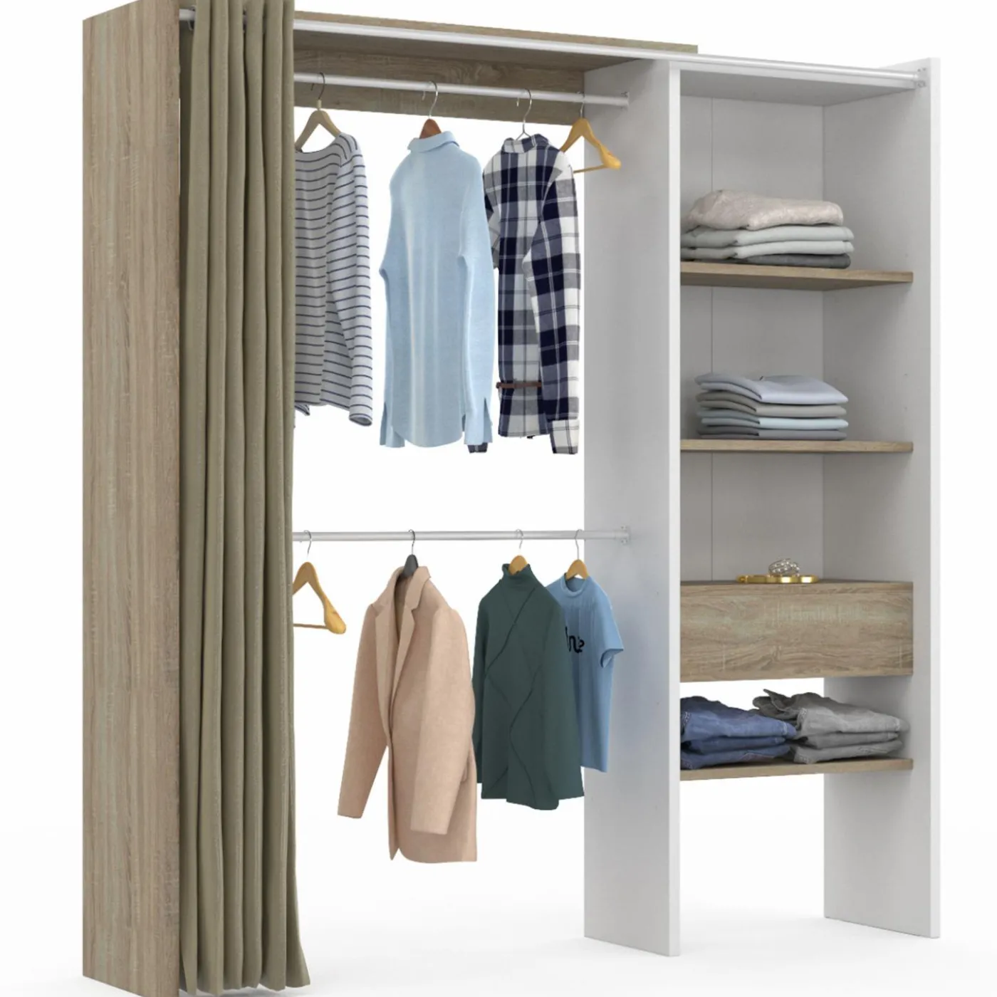 Dressing blanc et bois extensible grande capacité de rangement