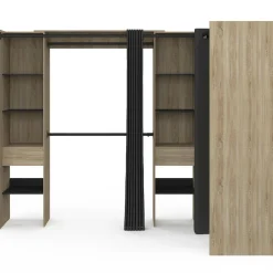 Dressing d'angle extensible bois effet hêtre avec 4 penderies + 12 étagères + 3 tiroirs et rideaux noirs